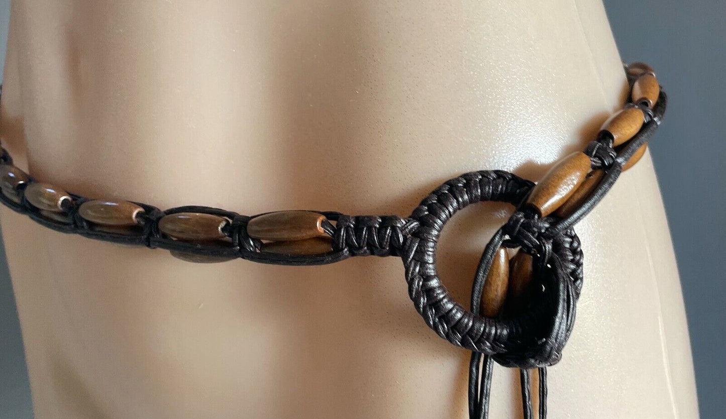 Ladies Belt Pleather 131cm Brown Wood Bead Woven Knot Tie Belt Sz 8 12 NEW