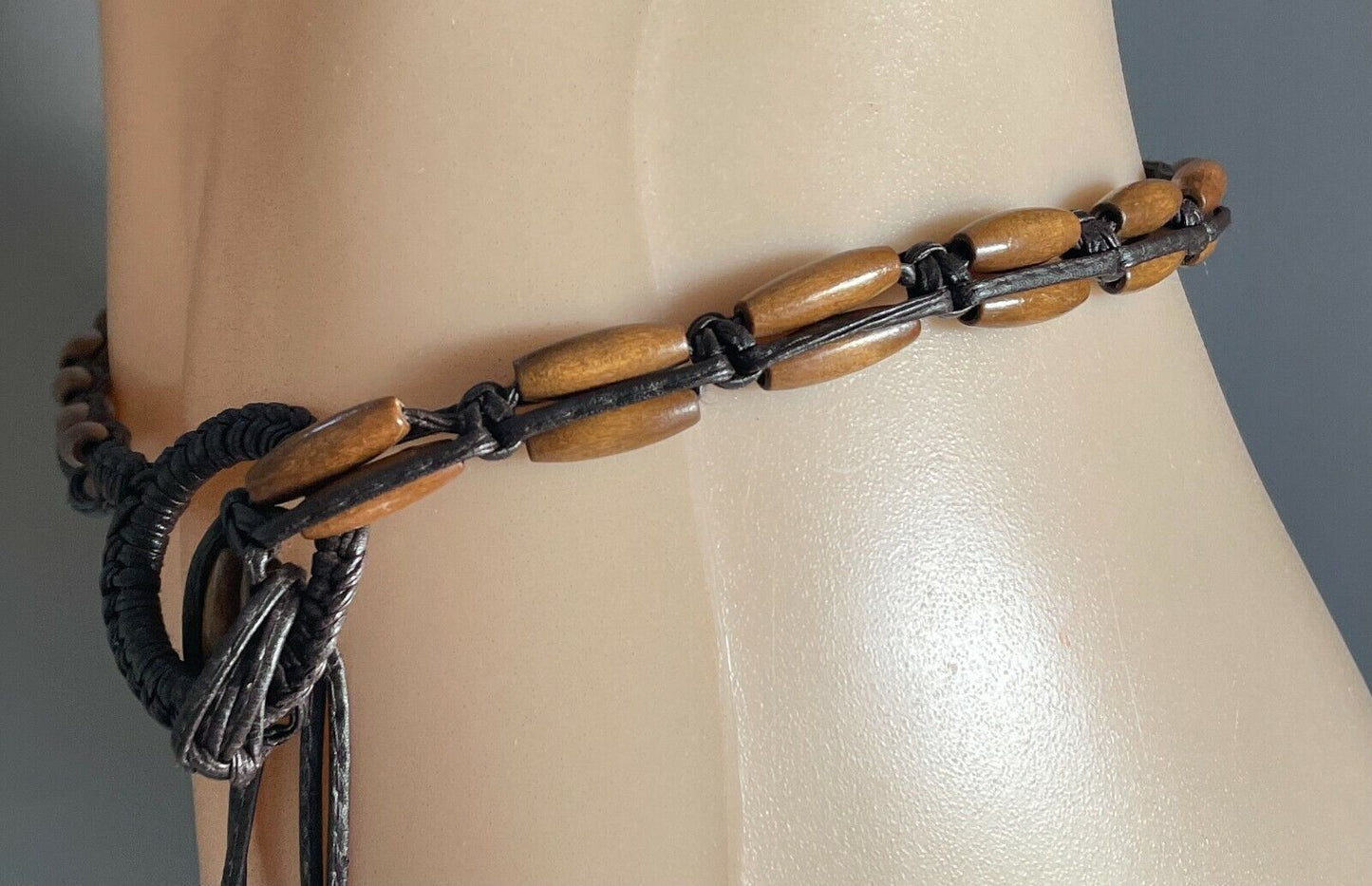 Ladies Belt Pleather 131cm Brown Wood Bead Woven Knot Tie Belt Sz 8 12 NEW