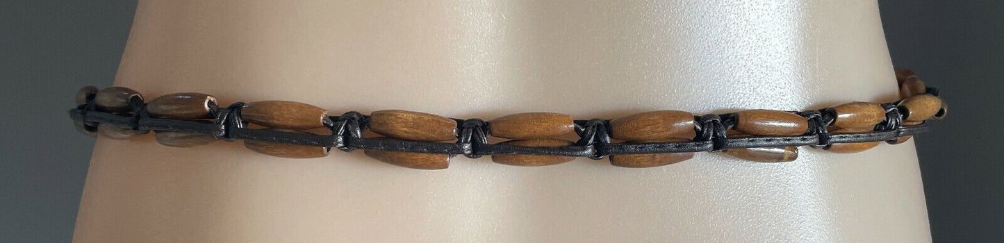 Ladies Belt Pleather 131cm Brown Wood Bead Woven Knot Tie Belt Sz 8 12 NEW