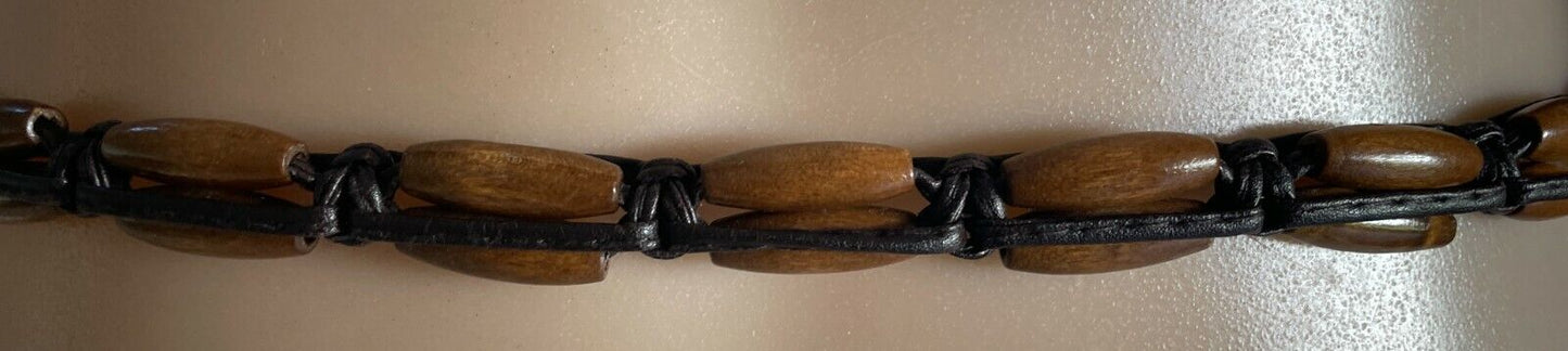 Ladies Belt Pleather 131cm Brown Wood Bead Woven Knot Tie Belt Sz 8 12 NEW