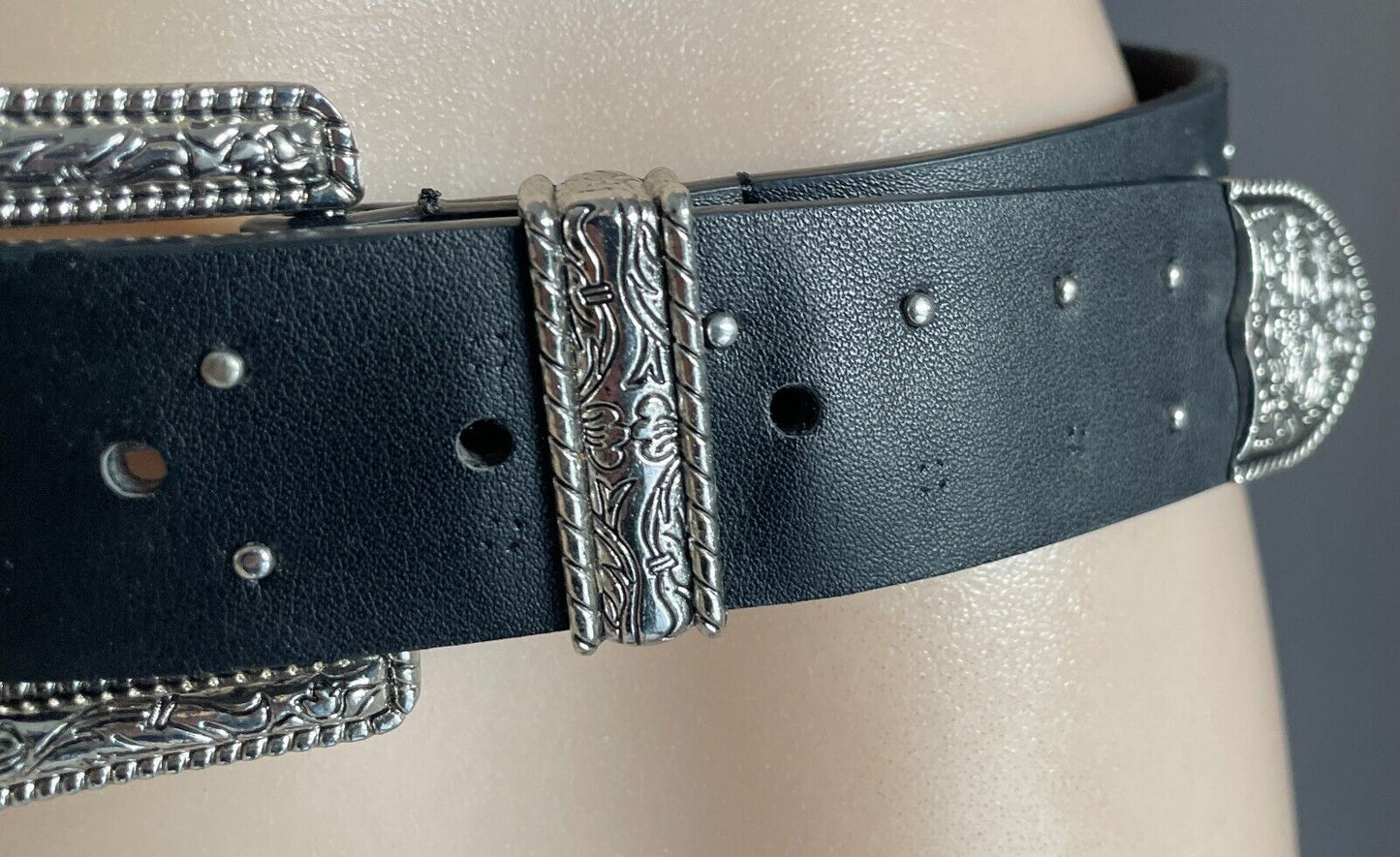 ZARA Belt Black Pleather Cowboy Western Double Etched Silver Buckle Stud Size 85