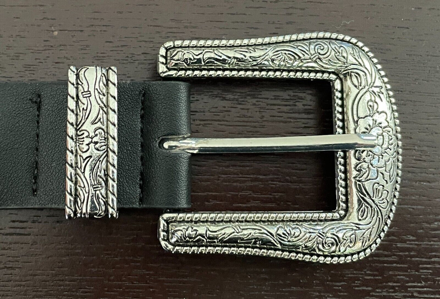 ZARA Belt Black Pleather Cowboy Western Double Etched Silver Buckle Stud Size 85