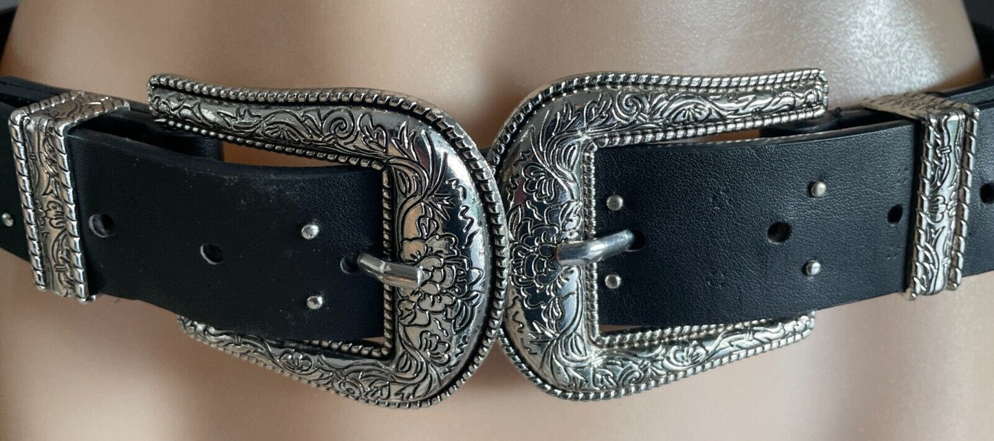 ZARA Belt Black Pleather Cowboy Western Double Etched Silver Buckle Stud Size 85