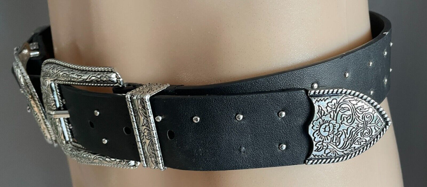 ZARA Belt Black Pleather Cowboy Western Double Etched Silver Buckle Stud Size 85