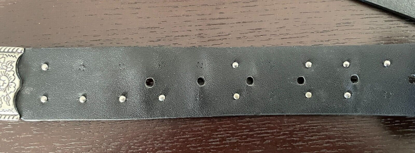 ZARA Belt Black Pleather Cowboy Western Double Etched Silver Buckle Stud Size 85