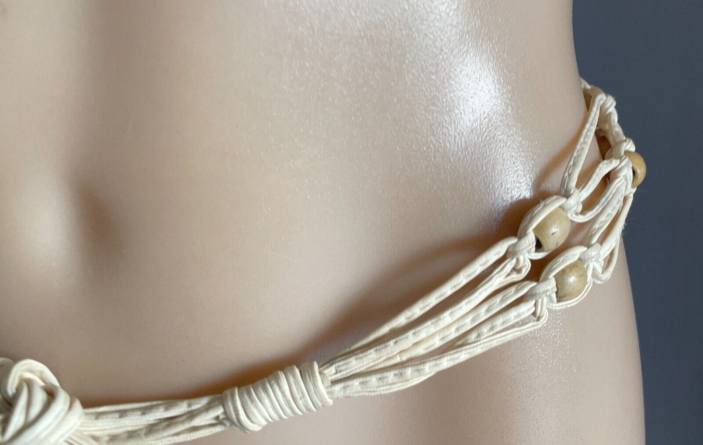 Ladies Belt Pleather Woven BOHO Off White Knot Tie Bead Trim Fit Size 8 - 14