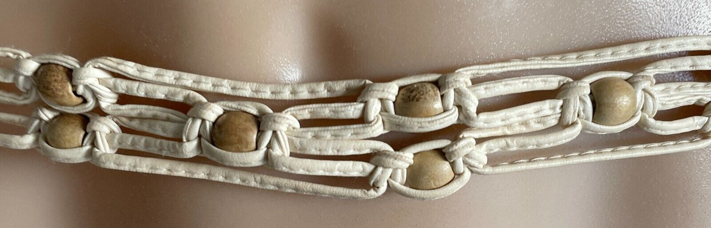 Ladies Belt Pleather Woven BOHO Off White Knot Tie Bead Trim Fit Size 8 - 14