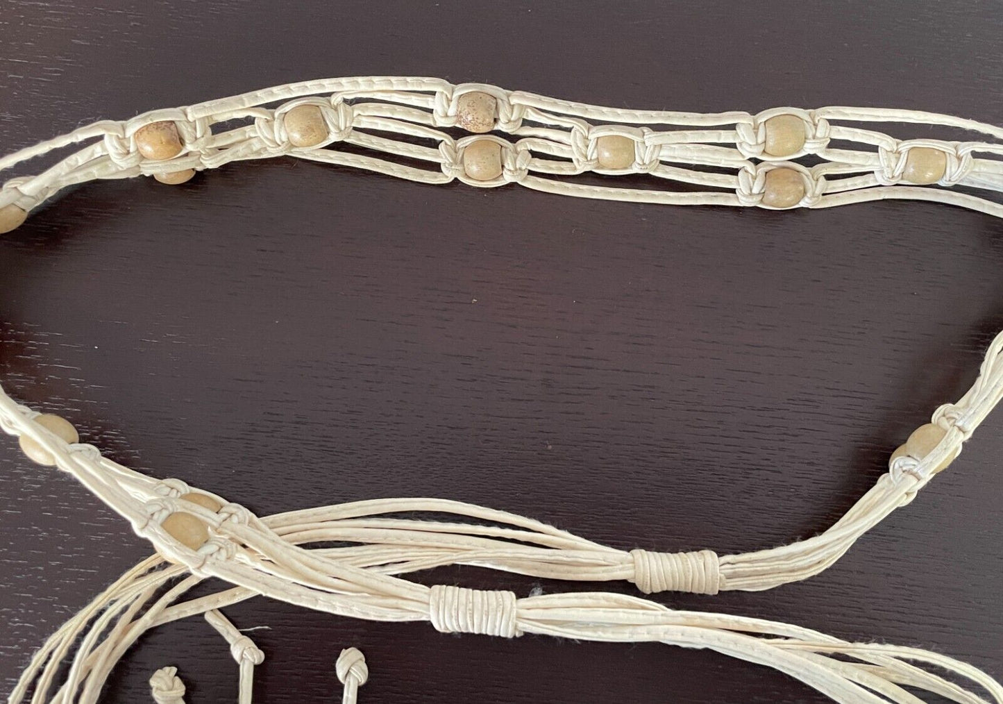 Ladies Belt Pleather Woven BOHO Off White Knot Tie Bead Trim Fit Size 8 - 14