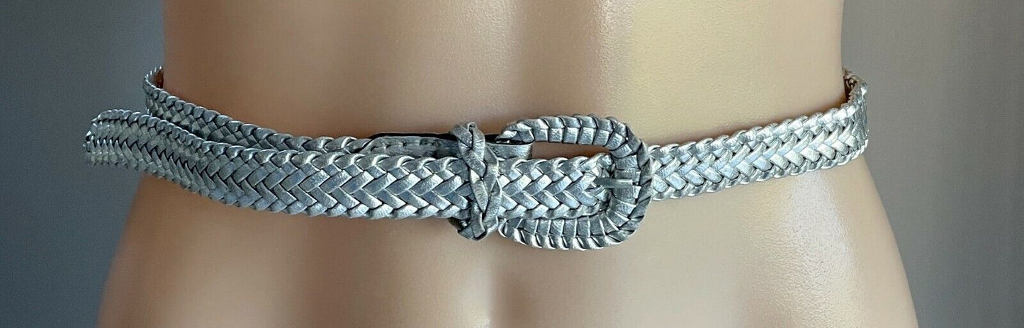 Ladies Belt Pleather 2cm Silver Woven Silver Tone Buckle Size XS 94cm L (2)