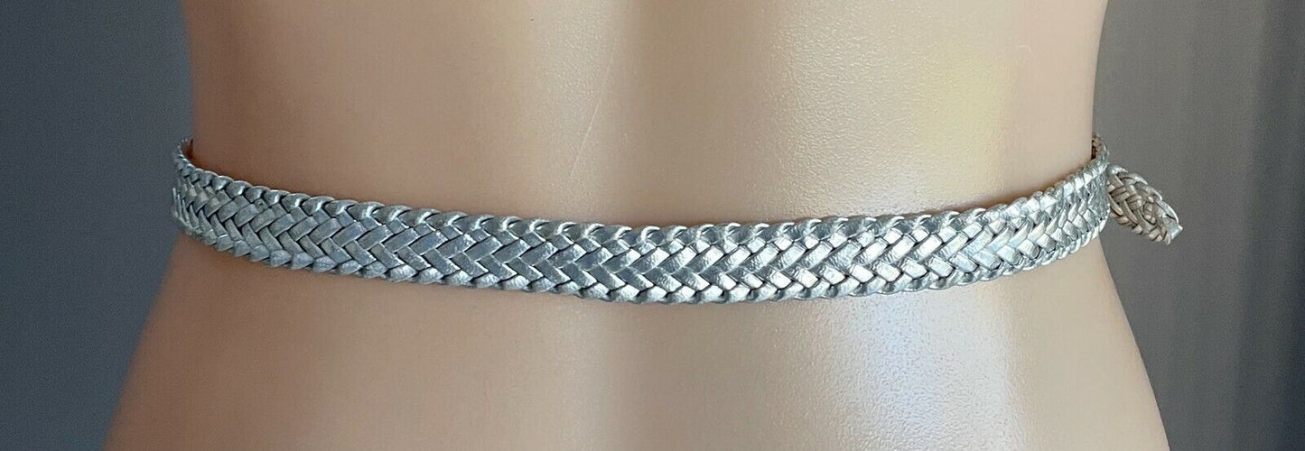 Ladies Belt Pleather 2cm Silver Woven Silver Tone Buckle Size XS 94cm L (2)