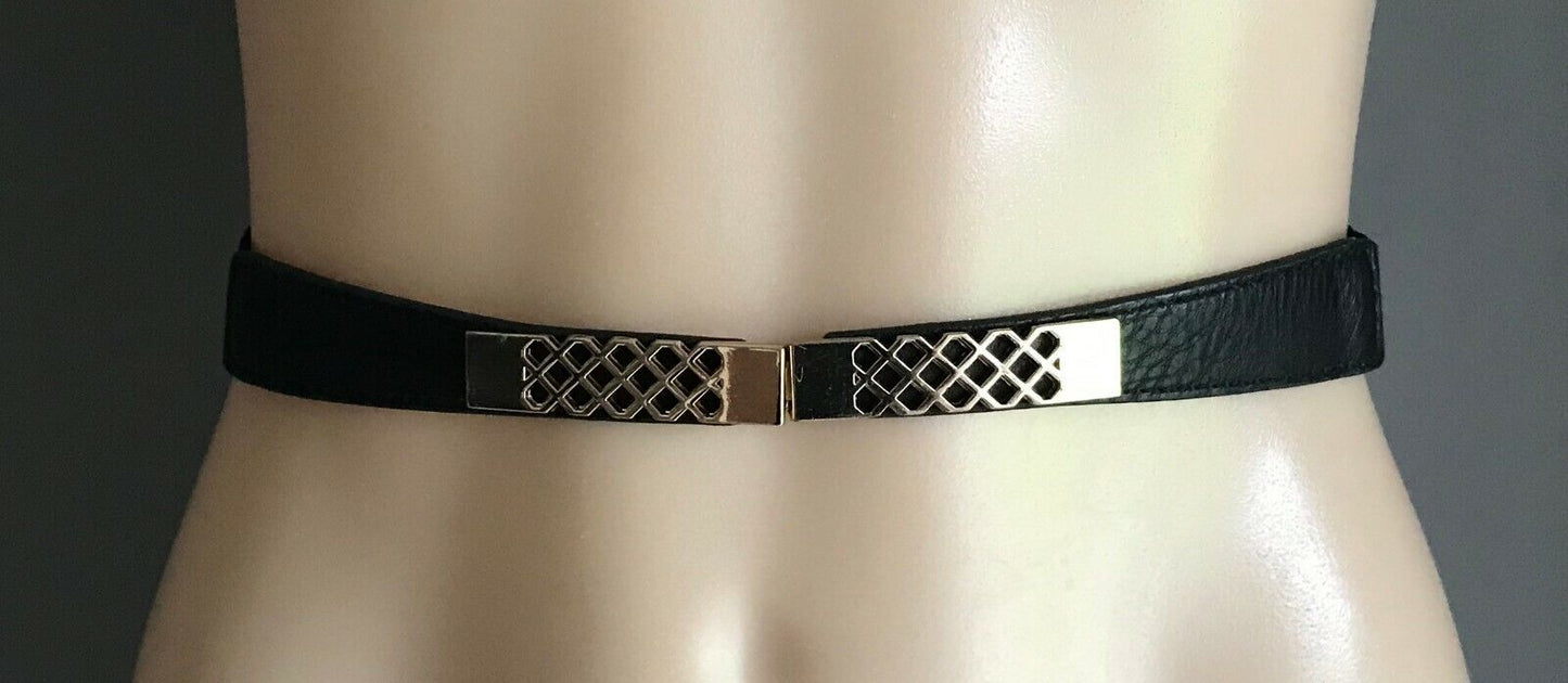 Ladies Belt Elastic 2.5cm BLACK THIN w PU Trim & Gold Clasp Buckle Size 8 10