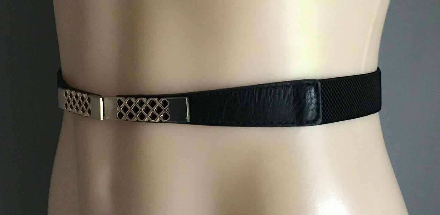 Ladies Belt Elastic 2.5cm BLACK THIN w PU Trim & Gold Clasp Buckle Size 8 10