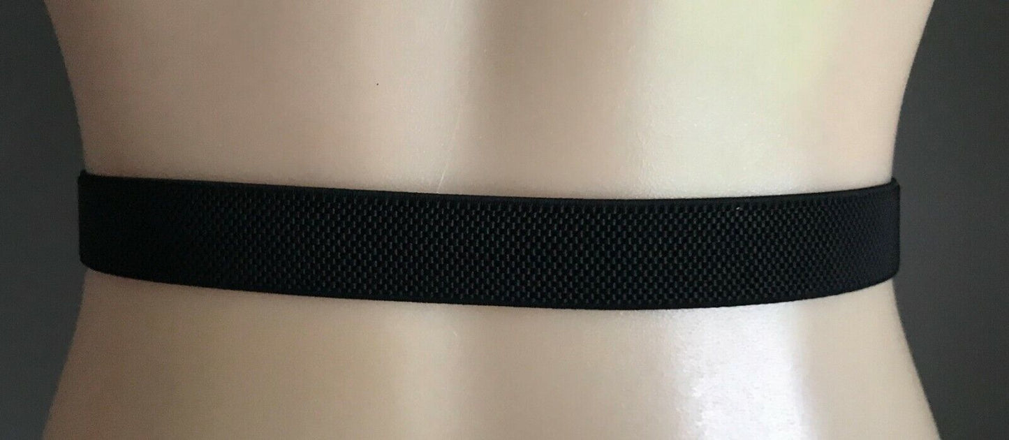 Ladies Belt Elastic 2.5cm BLACK THIN w PU Trim & Gold Clasp Buckle Size 8 10