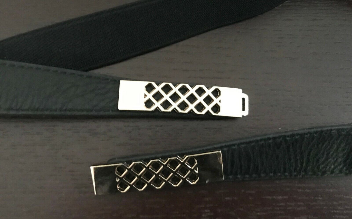Ladies Belt Elastic 2.5cm BLACK THIN w PU Trim & Gold Clasp Buckle Size 8 10