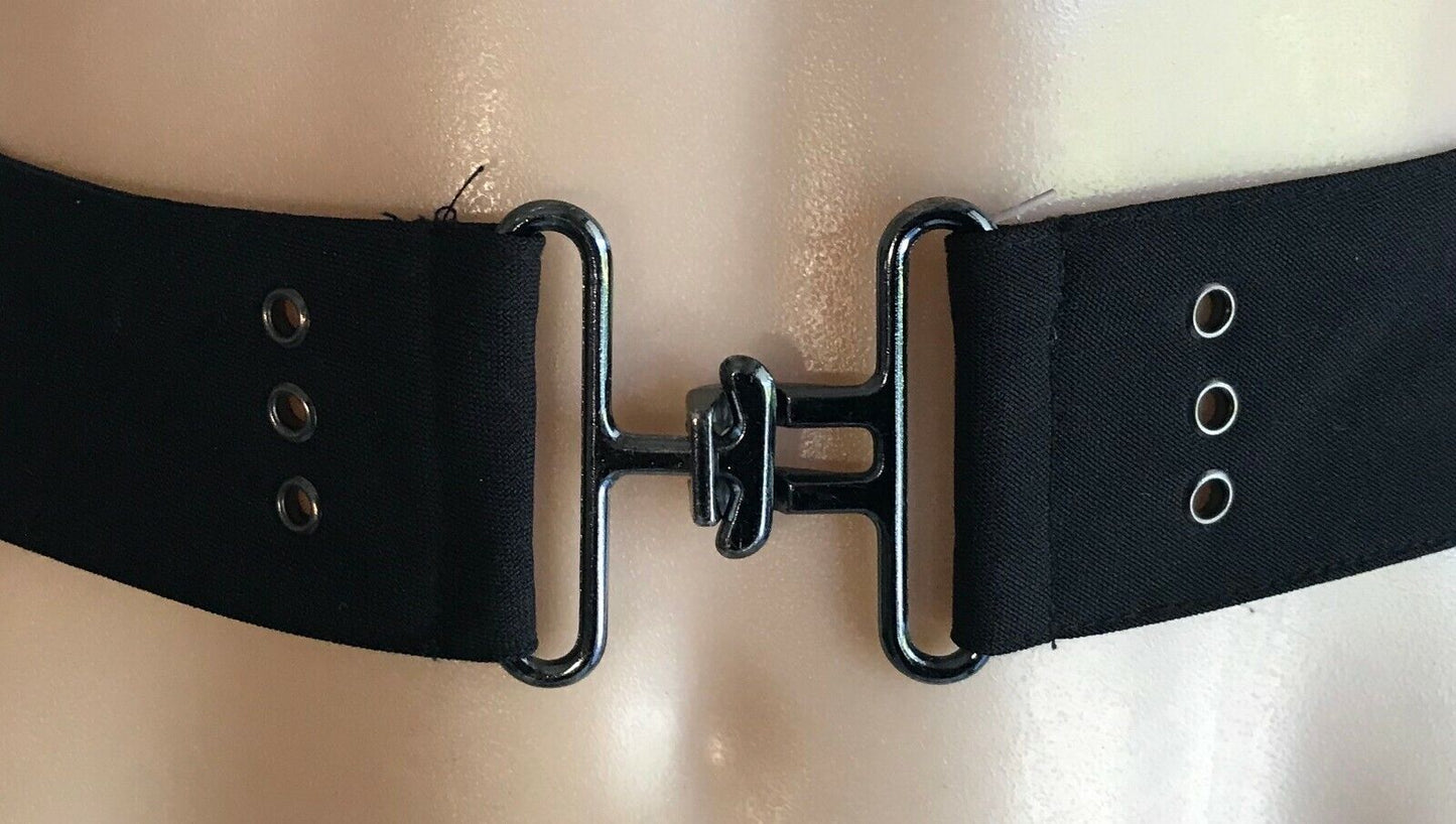 Ladies Belt Fabric BLACK w Pewter Metal Eyelet & Double Clasp Closure Hips 88cm