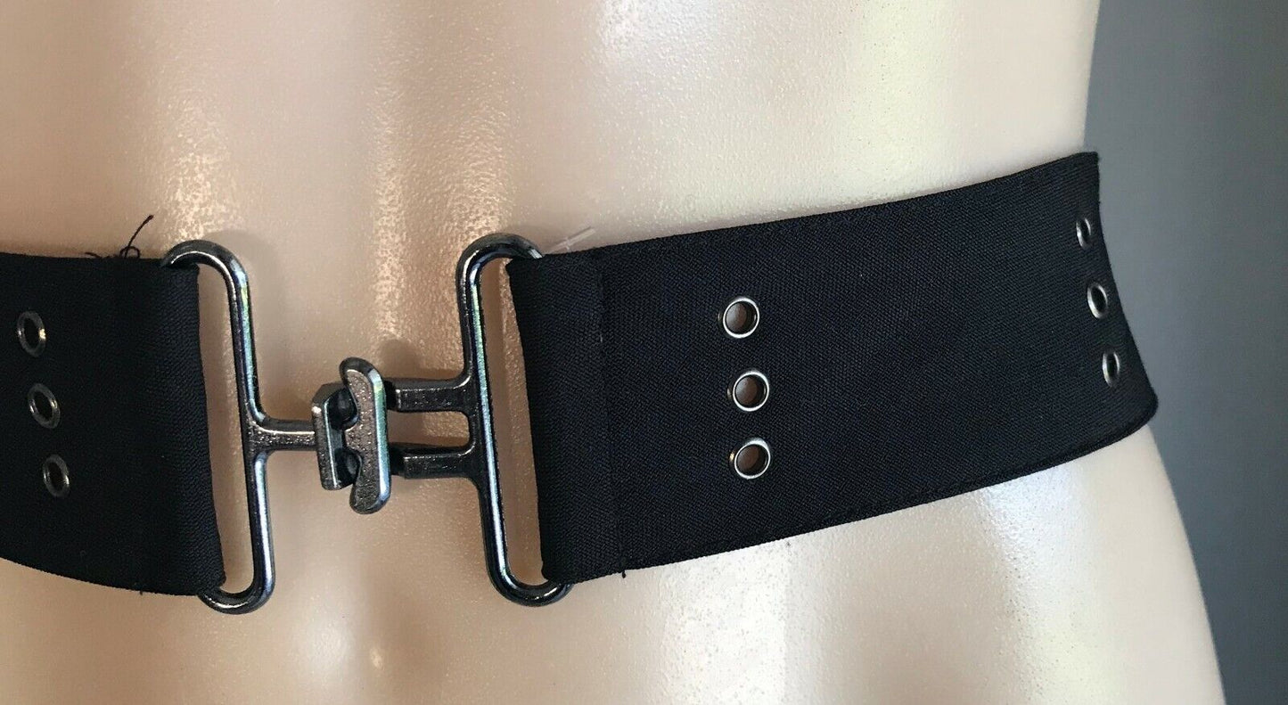 Ladies Belt Fabric BLACK w Pewter Metal Eyelet & Double Clasp Closure Hips 88cm