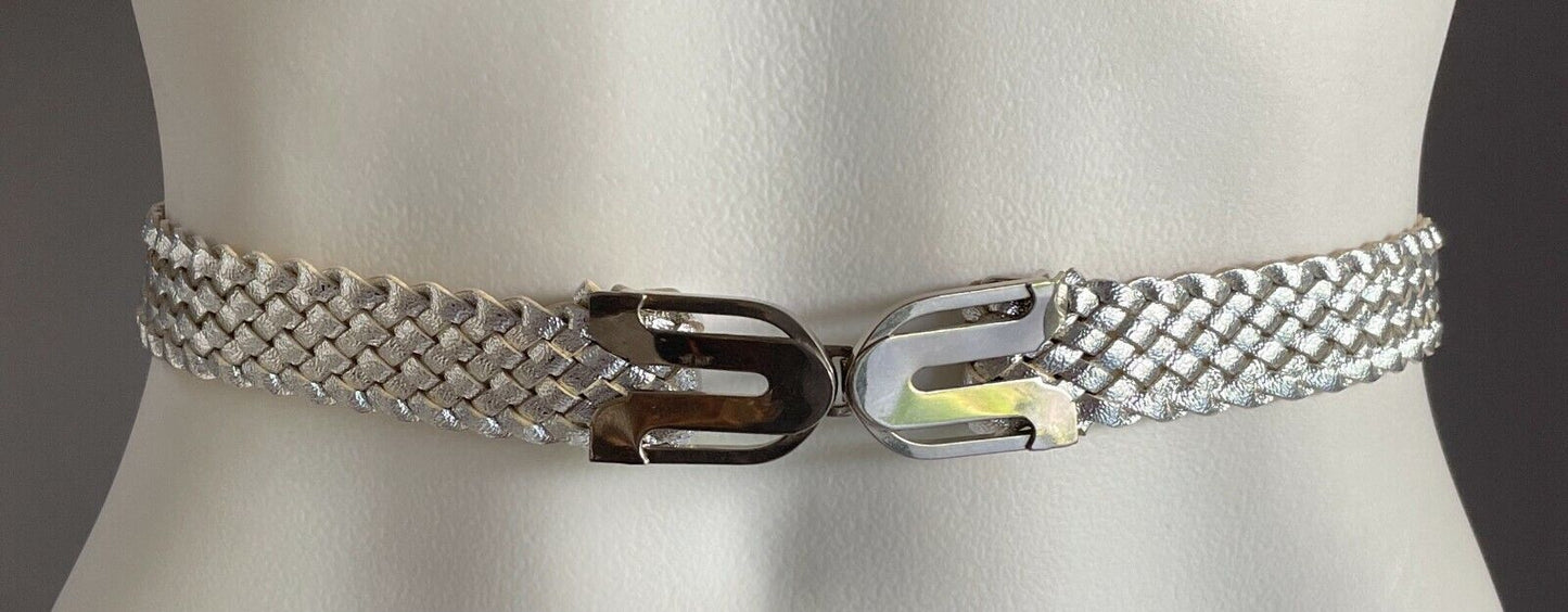 Ladies Belt Pleather 2cm Silver Woven To Fit Waist 64cm