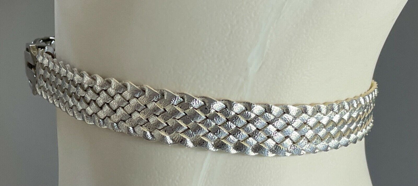 Ladies Belt Pleather 2cm Silver Woven To Fit Waist 64cm