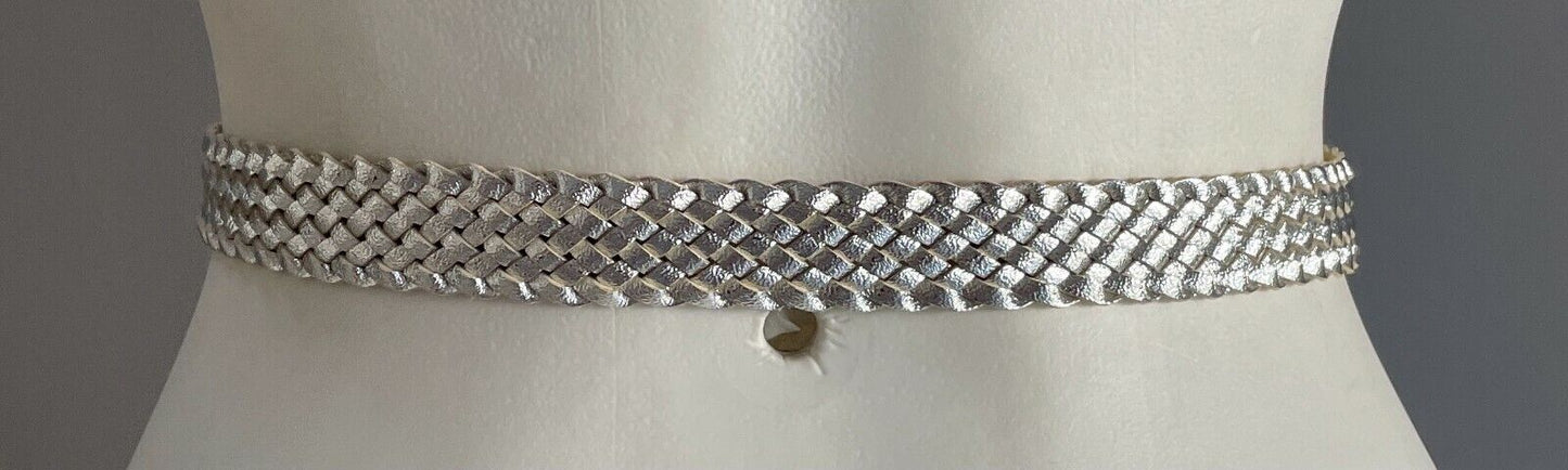 Ladies Belt Pleather 2cm Silver Woven To Fit Waist 64cm
