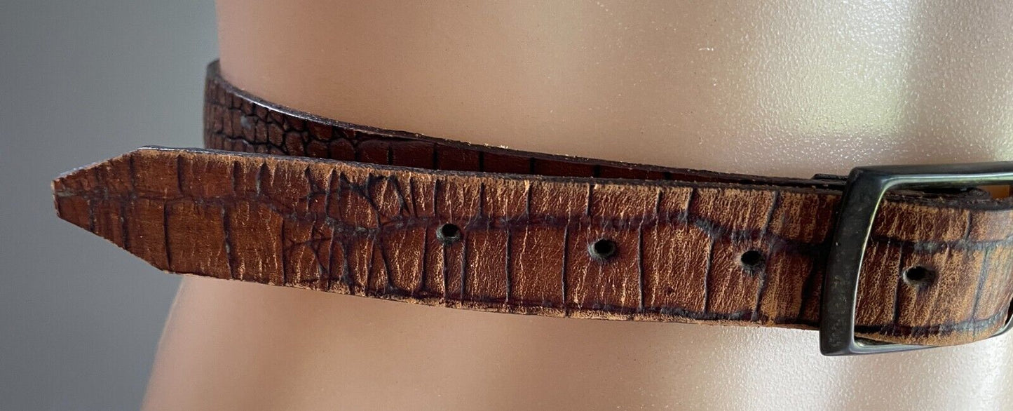 Ladies LEATHER Belt 2cm Tan Croc Print Bronze Tone Buckle Size 30 Waist 72 -82cm
