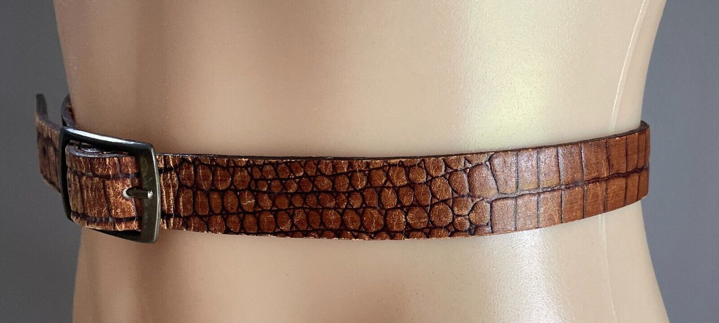 Ladies LEATHER Belt 2cm Tan Croc Print Bronze Tone Buckle Size 30 Waist 72 -82cm