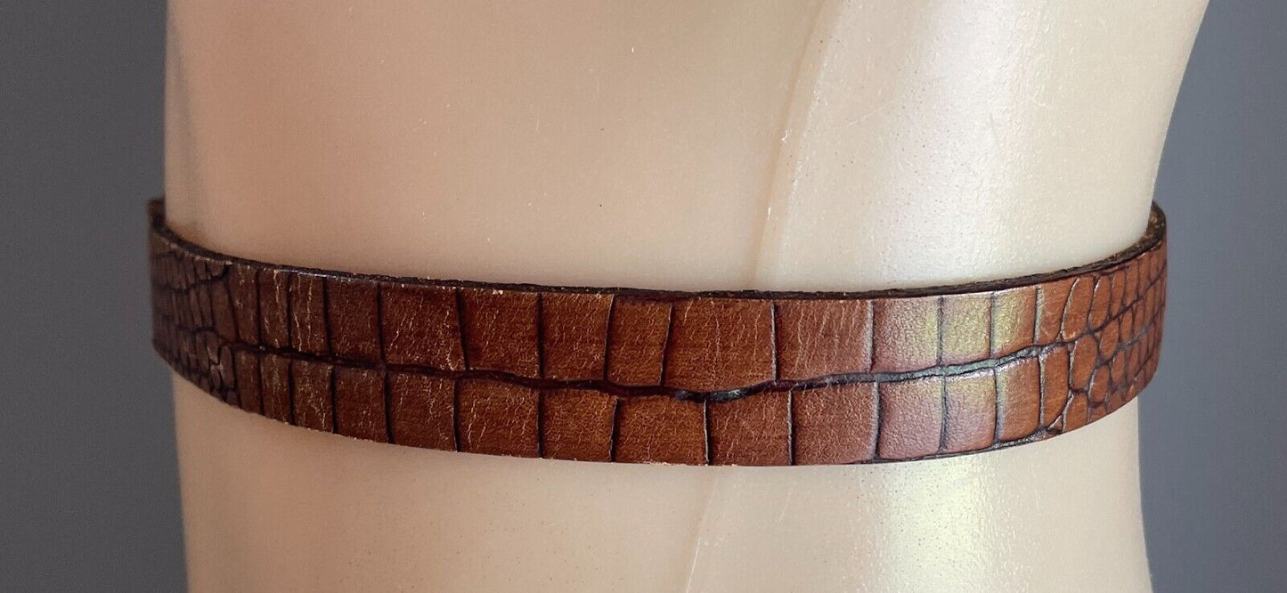 Ladies LEATHER Belt 2cm Tan Croc Print Bronze Tone Buckle Size 30 Waist 72 -82cm