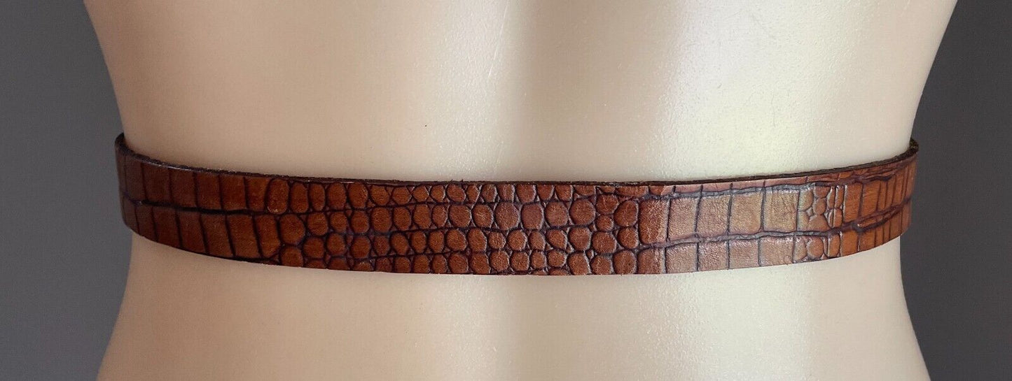 Ladies LEATHER Belt 2cm Tan Croc Print Bronze Tone Buckle Size 30 Waist 72 -82cm