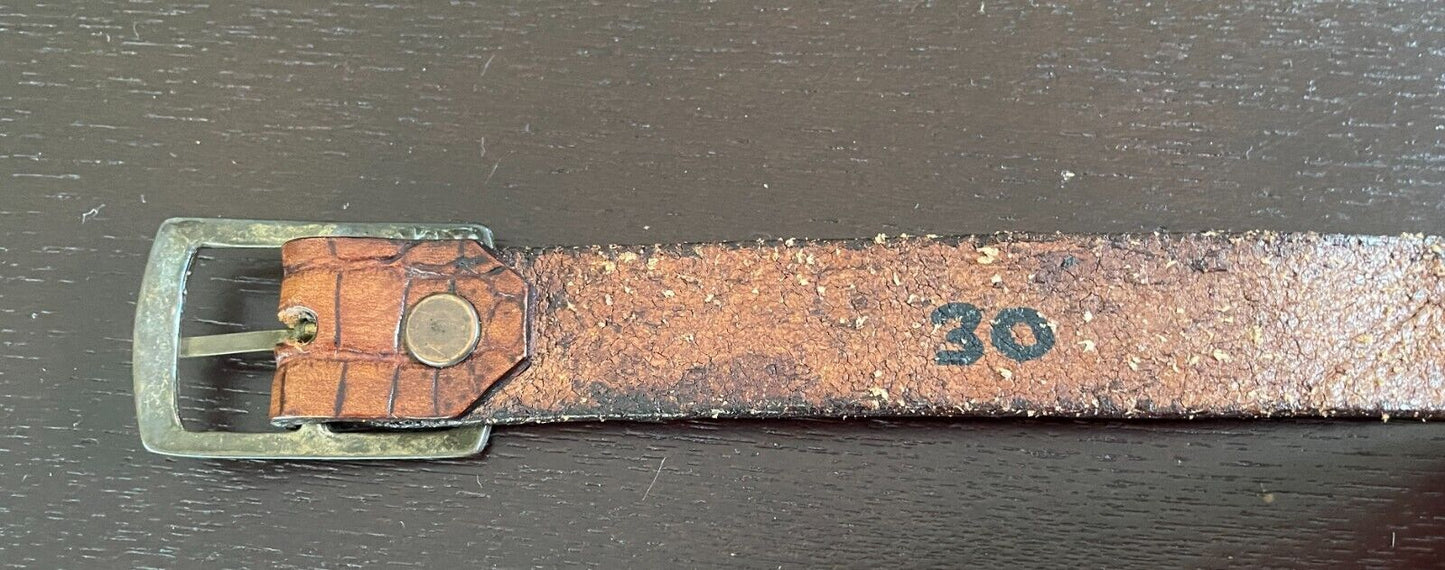 Ladies LEATHER Belt 2cm Tan Croc Print Bronze Tone Buckle Size 30 Waist 72 -82cm