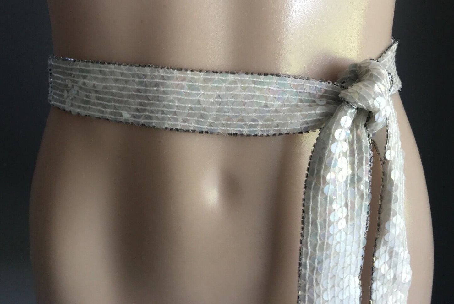 Ladies Sash Waist Tie 4cm Pearl White Waist Clear Sequin Silver Bead Belt Fabric