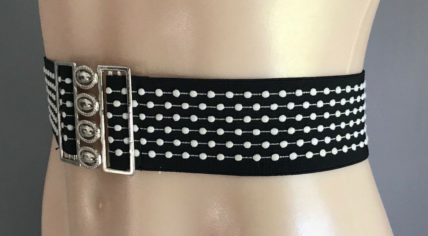 Ladies Belt Elastic 5.5cm POLKA DOT Silver Clasp Buckle Black White Size 8 10