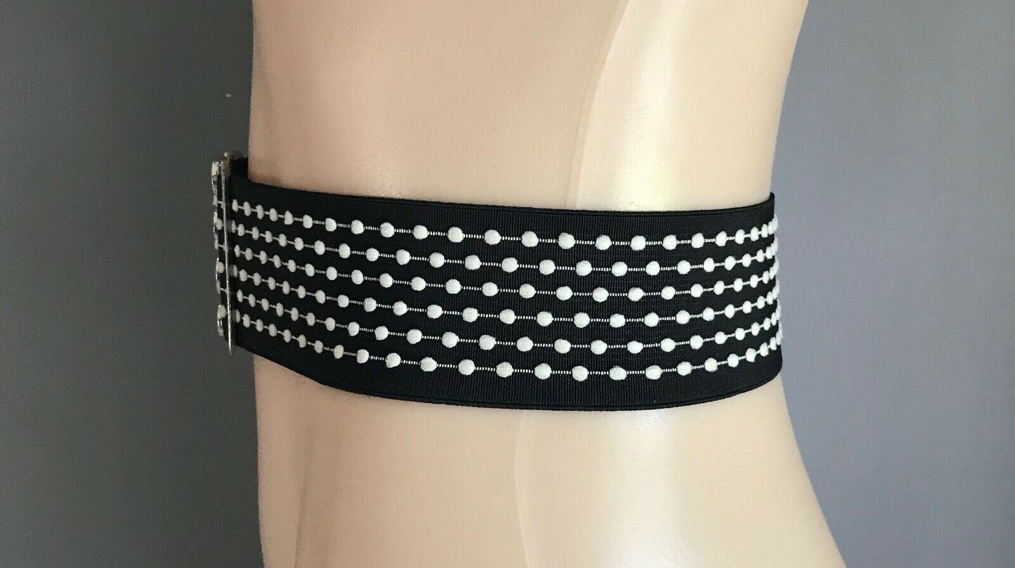 Ladies Belt Elastic 5.5cm POLKA DOT Silver Clasp Buckle Black White Size 8 10