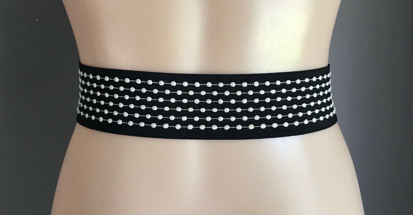 Ladies Belt Elastic 5.5cm POLKA DOT Silver Clasp Buckle Black White Size 8 10