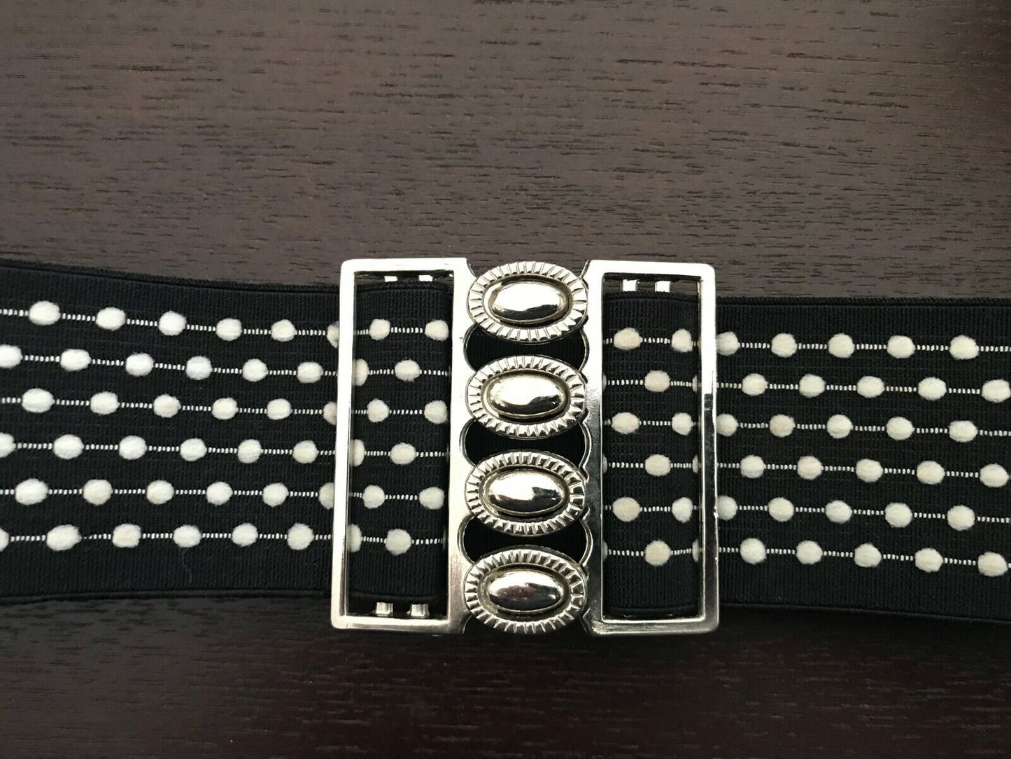 Ladies Belt Elastic 5.5cm POLKA DOT Silver Clasp Buckle Black White Size 8 10