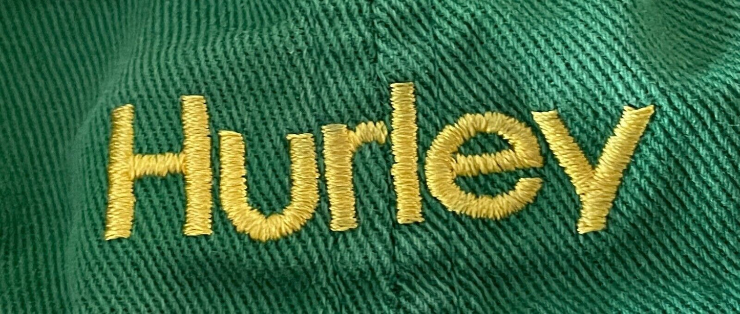 Vtg HURLEY Embroidered Logo Green & Gold Flexfit SweatBand Hat YUPOONG Flat Bill