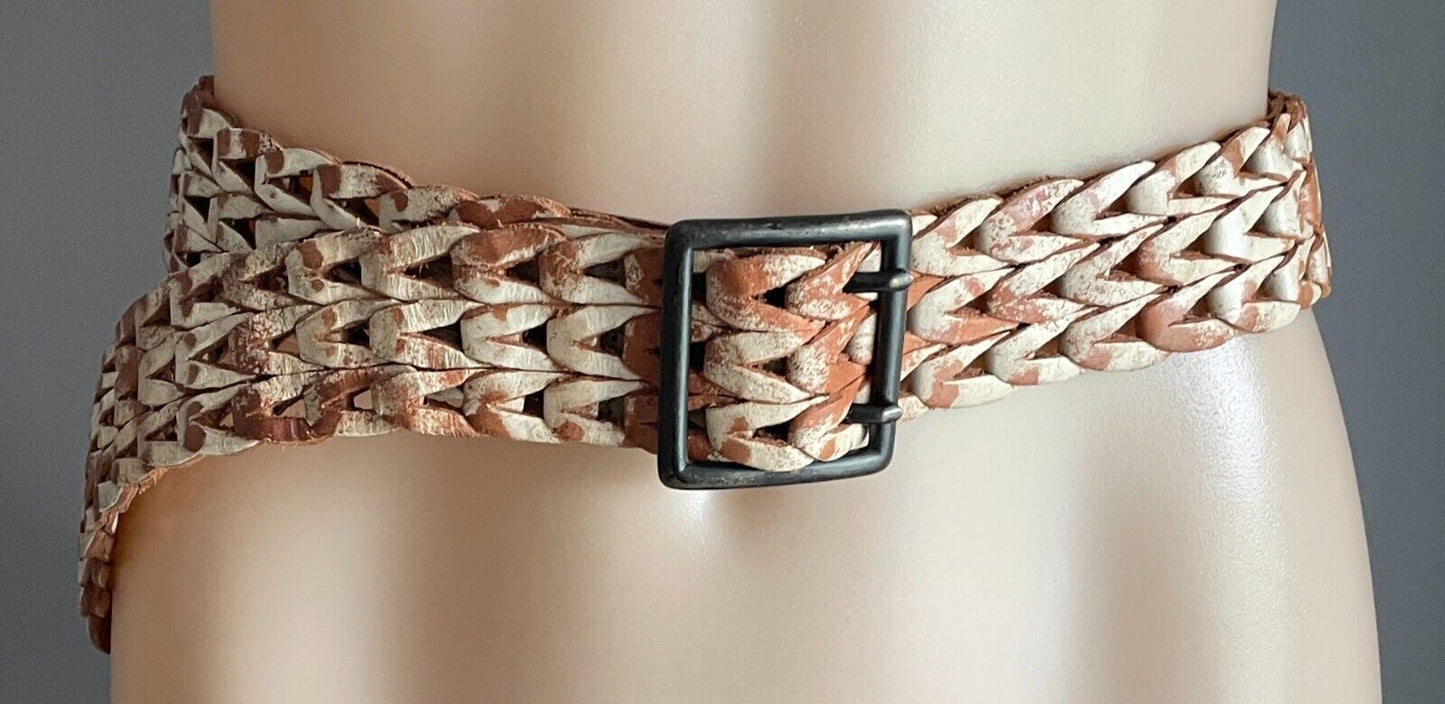 Ladies LEATHER Belt 3cm Tan & Cream Woven Sand Blasted Look One Size