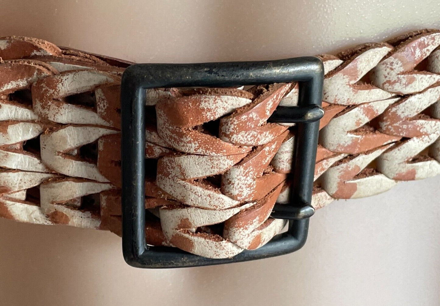 Ladies LEATHER Belt 3cm Tan & Cream Woven Sand Blasted Look One Size