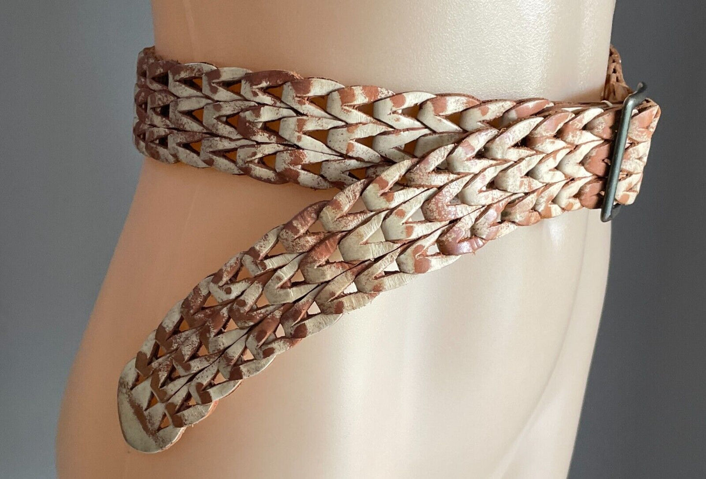 Ladies LEATHER Belt 3cm Tan & Cream Woven Sand Blasted Look One Size