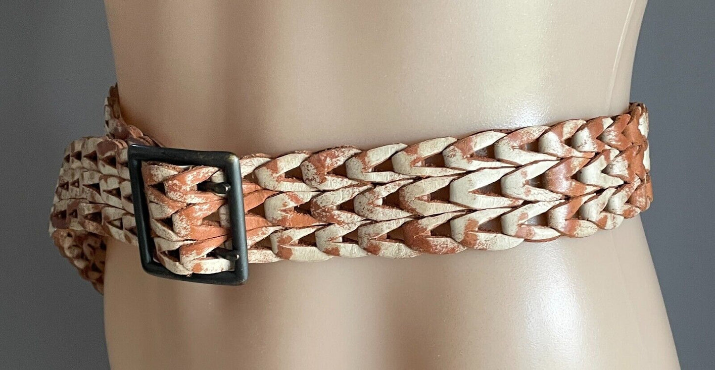 Ladies LEATHER Belt 3cm Tan & Cream Woven Sand Blasted Look One Size