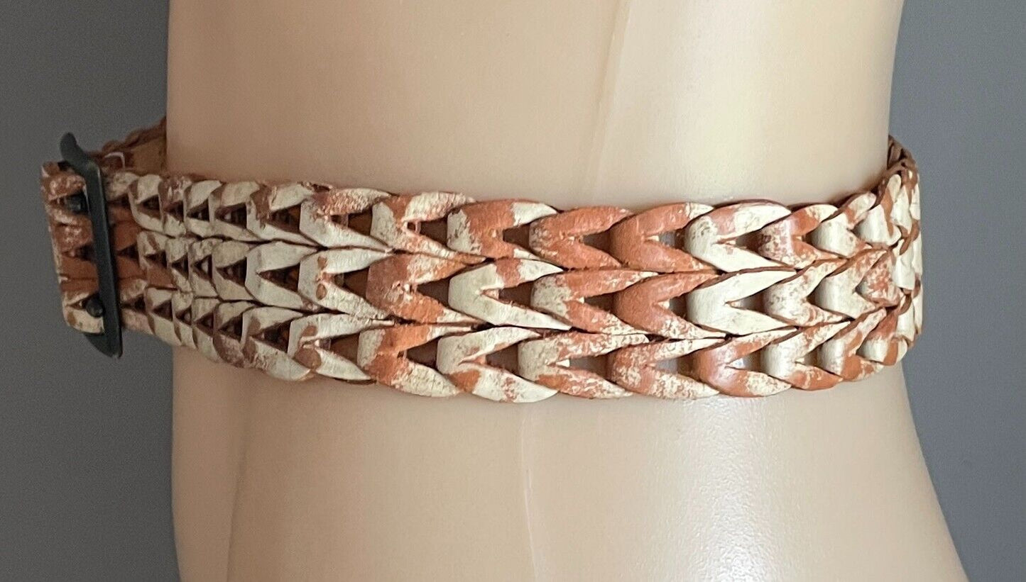 Ladies LEATHER Belt 3cm Tan & Cream Woven Sand Blasted Look One Size