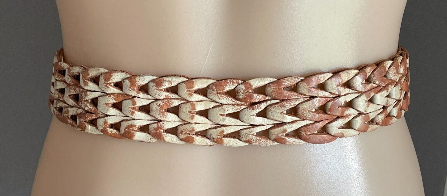 Ladies LEATHER Belt 3cm Tan & Cream Woven Sand Blasted Look One Size