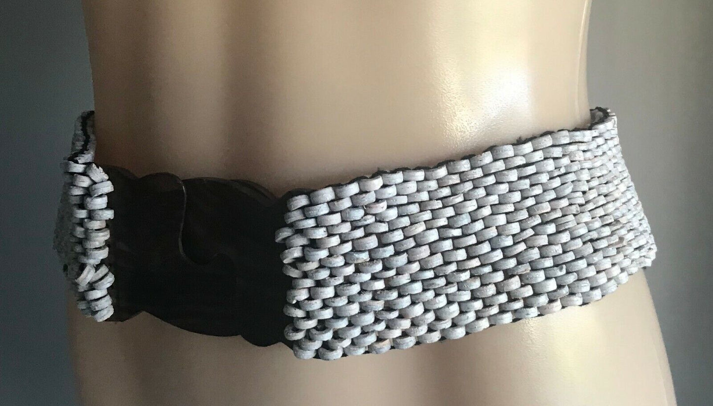 Ladies Belt Elastic 6.5cm Shell Bead Grey Blue Peach Interlock Wood Clasp Sz 16