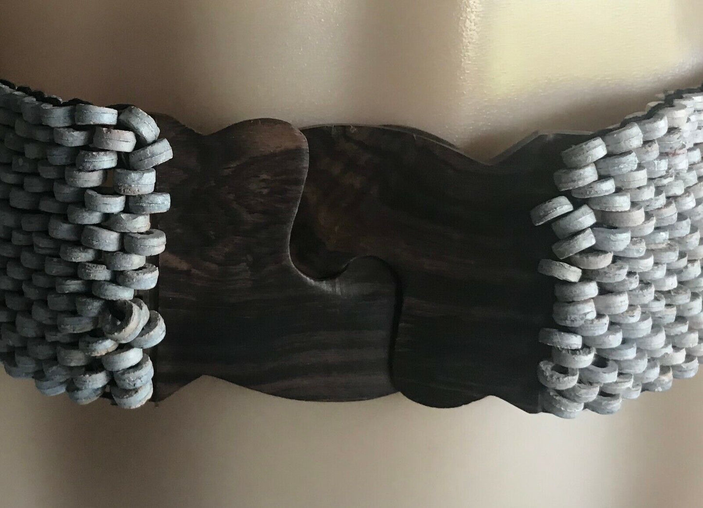 Ladies Belt Elastic 6.5cm Shell Bead Grey Blue Peach Interlock Wood Clasp Sz 16