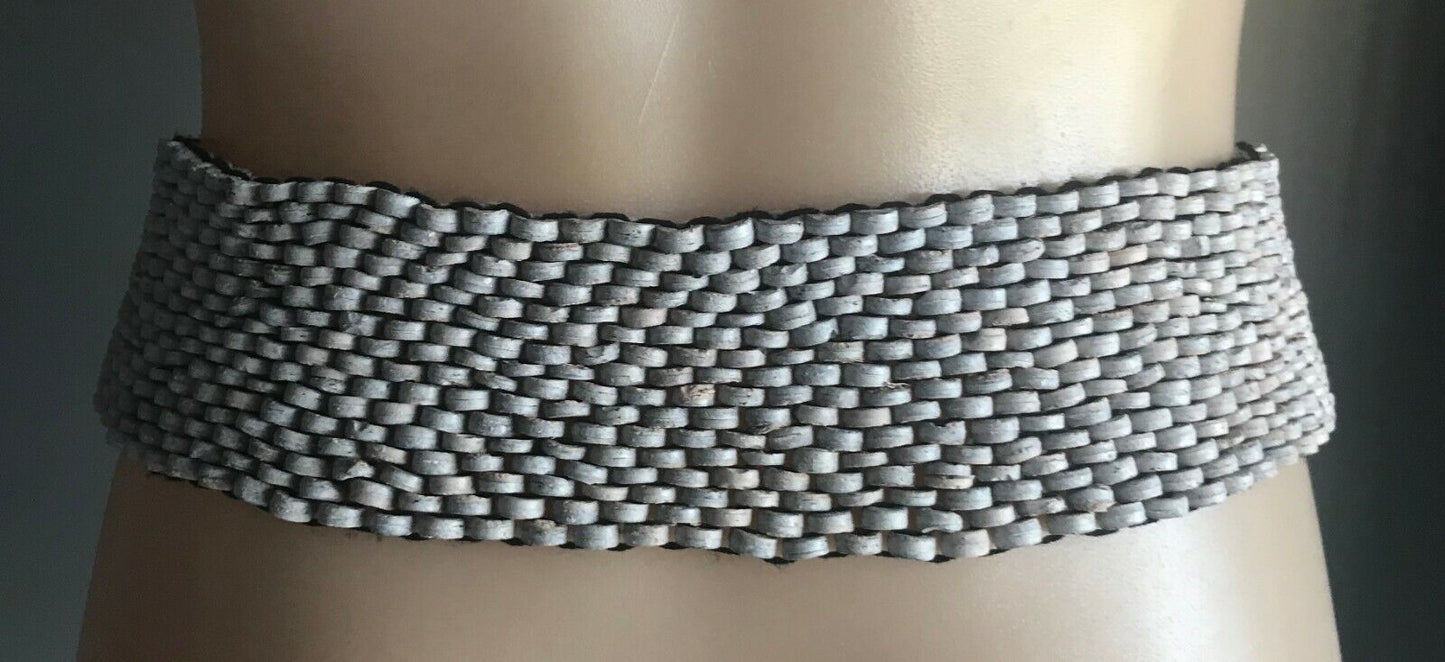 Ladies Belt Elastic 6.5cm Shell Bead Grey Blue Peach Interlock Wood Clasp Sz 16