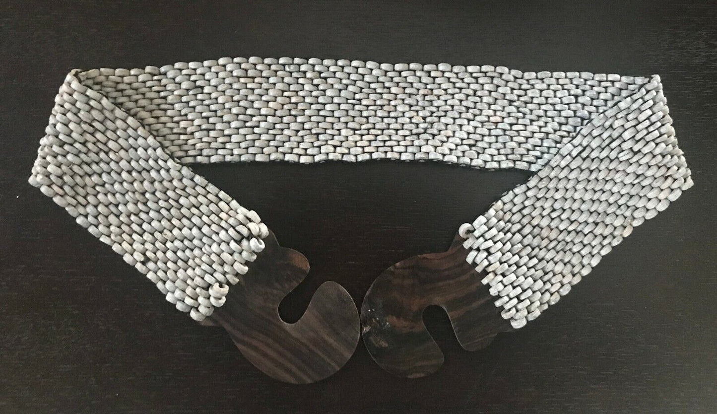 Ladies Belt Elastic 6.5cm Shell Bead Grey Blue Peach Interlock Wood Clasp Sz 16