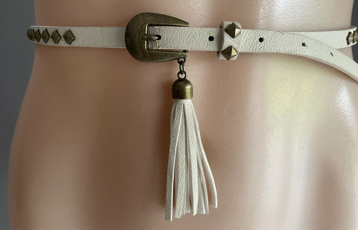 Ladies Belt Pleather Off White Bronze Stud Trim Tassel To Fit Waist 69 - 79cm