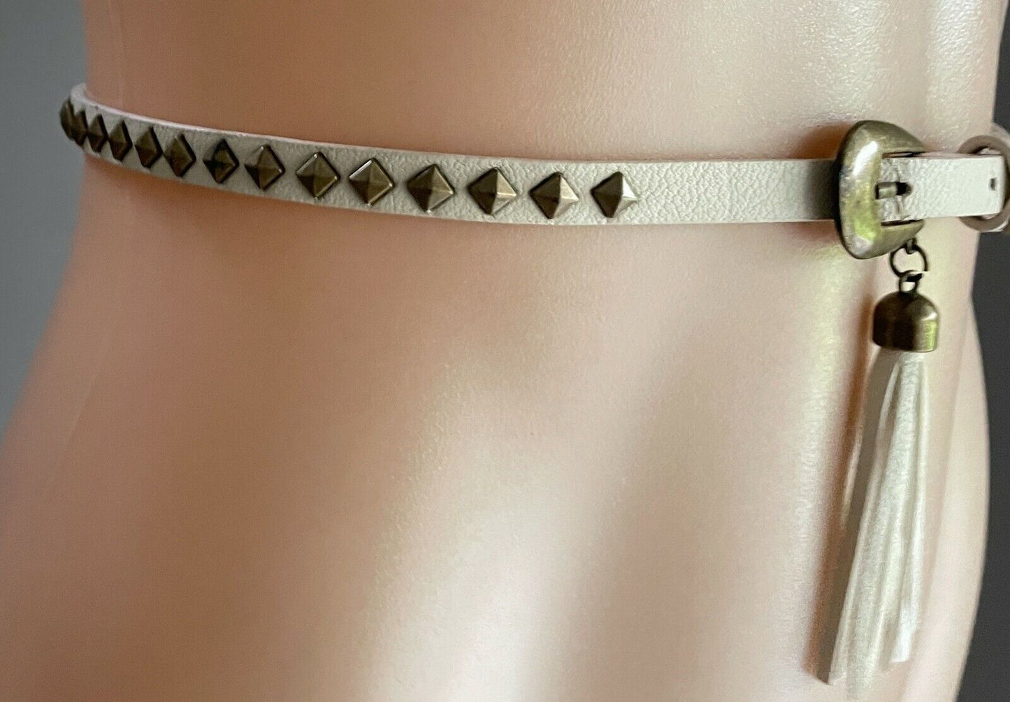 Ladies Belt Pleather Off White Bronze Stud Trim Tassel To Fit Waist 69 - 79cm