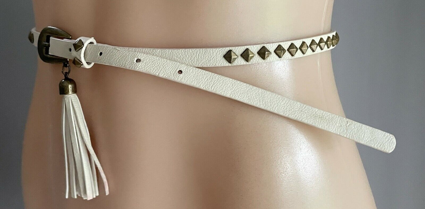 Ladies Belt Pleather Off White Bronze Stud Trim Tassel To Fit Waist 69 - 79cm