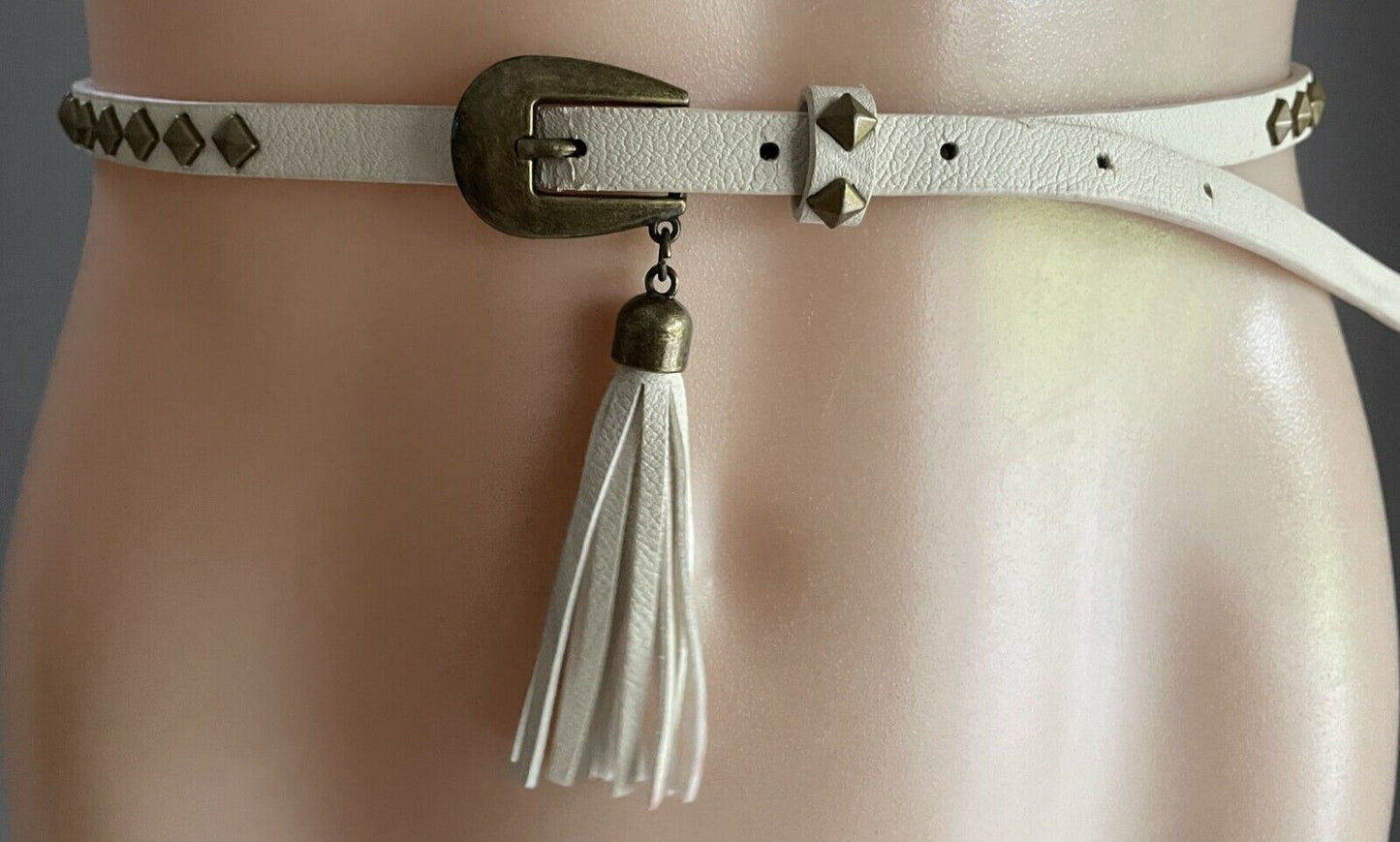 Ladies Belt Pleather Off White Bronze Stud Trim Tassel To Fit Waist 69 - 79cm