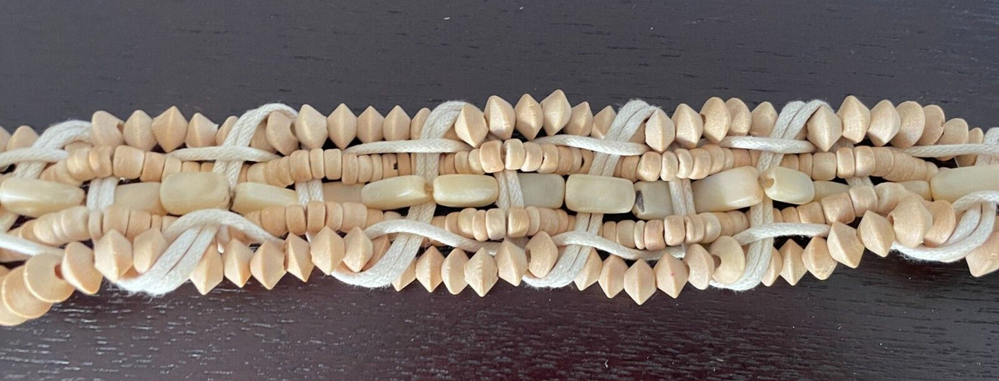 BOHO Woven Belt Off White Cord & Wood Bead Fit Ladies Size 8 14 PlaIted Braided