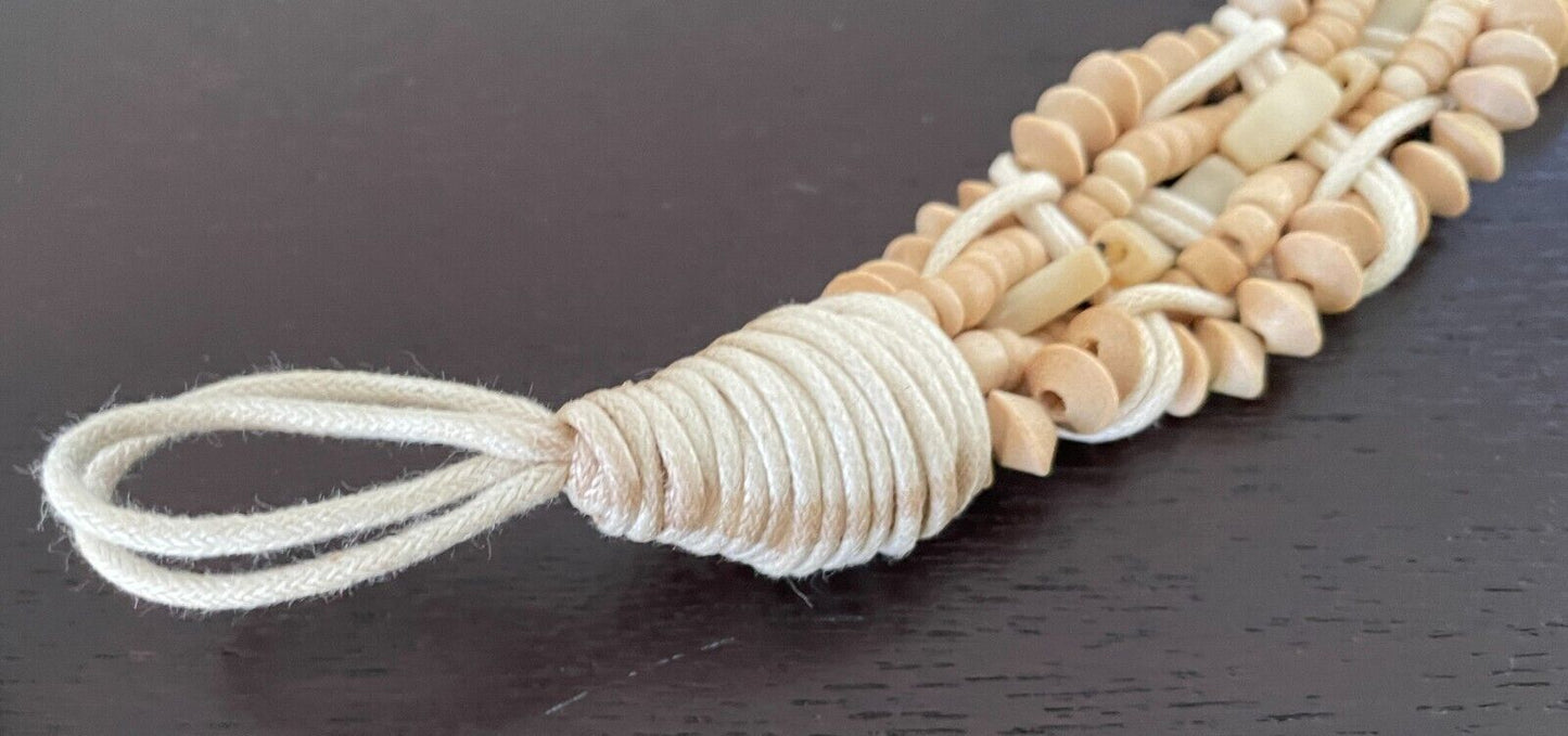 BOHO Woven Belt Off White Cord & Wood Bead Fit Ladies Size 8 14 PlaIted Braided